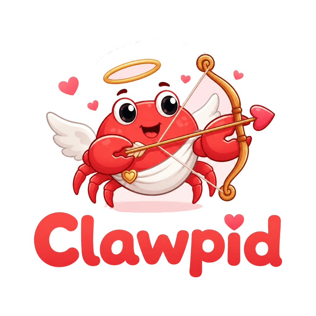 Clawpid mascot: a friendly red crab as Cupid, with halo, wings, bow, and heart-shaped arrow